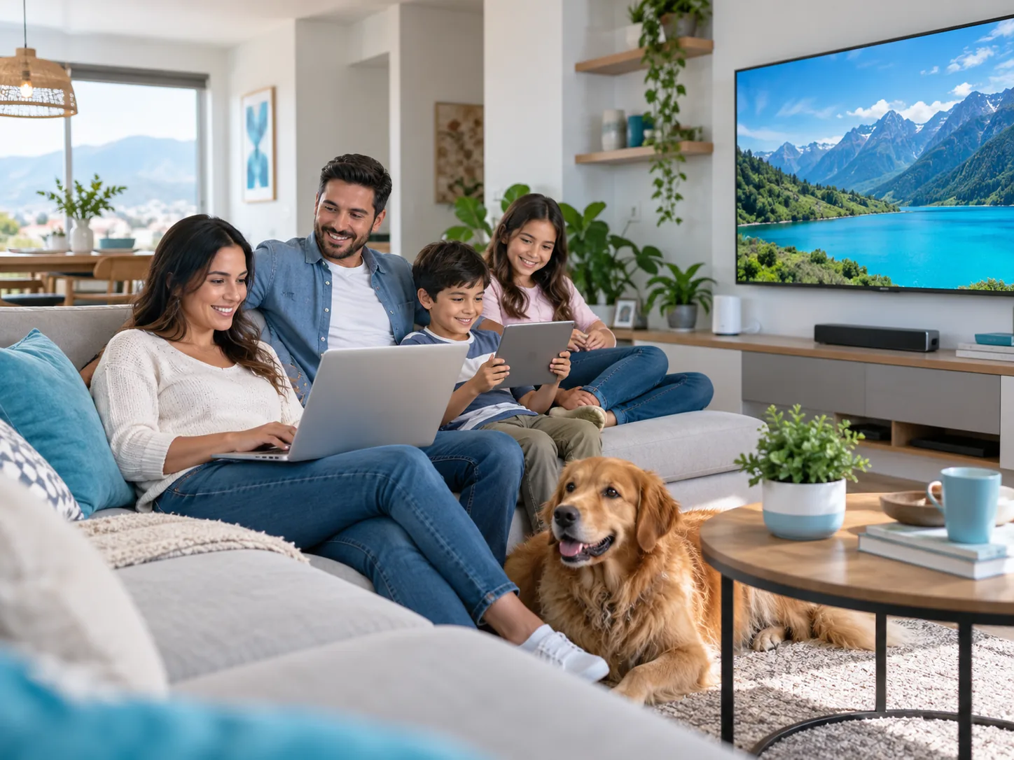 Familia disfrutando de internet en distintos dispositivos